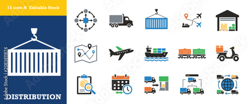 Global distribution and logistics icons for shipping transportation and supply chain.