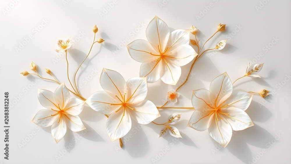 Obraz premium Translucent Washi Paper Flowers with Gold Leaf Veins Isolated on Light Gray Background