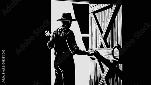 Fotografie Silhouette of a Man Entering a Farm Barn in High Contrast Black and White Style