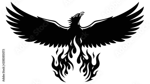 Fotografie Black Silhouette of a Rising Phoenix Bird with Flames
