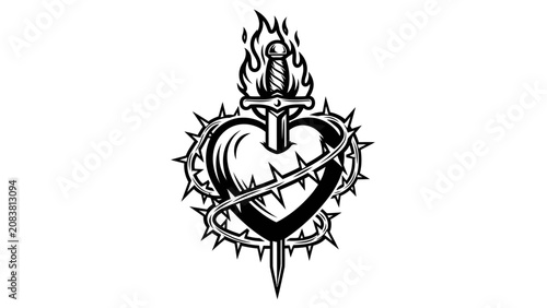 Canvas Print Sacred Heart with Sword and Thorns Illustration