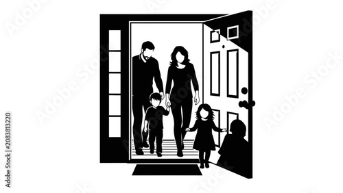Silhouette of a Family Entering Through an Open Doorway