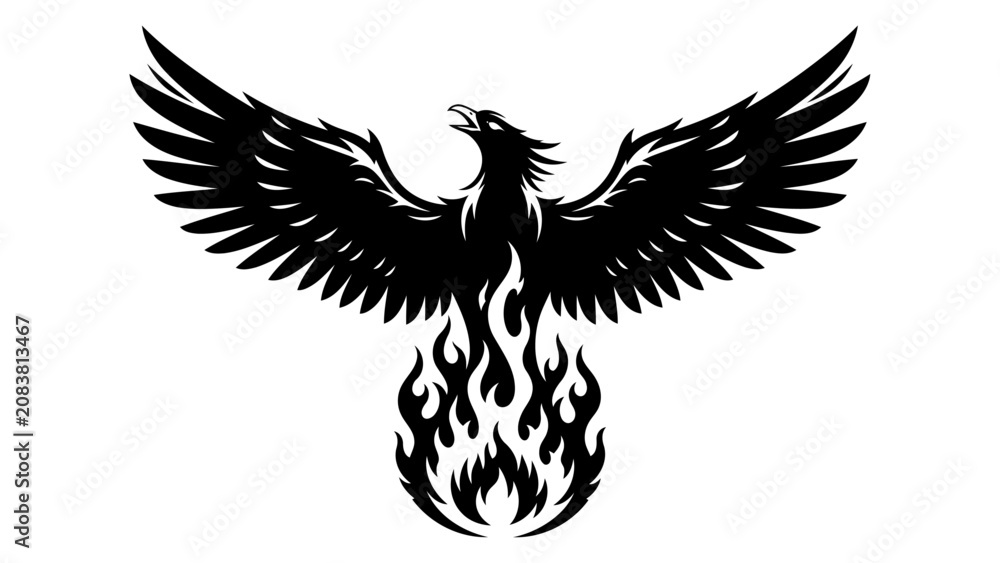Fototapeta premium Black Silhouette of Phoenix Bird Rising from Flames
