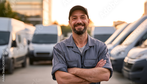 A smiling delivery man with arms crossed stands in front of parked vans at sunrise. He appears to be a fleet manager, professionally overseeing safe and efficient shipping operations.
