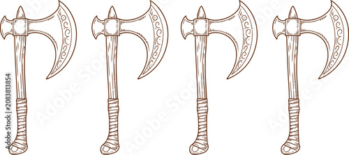Bilde på lerret Vintage battle axes, medieval combat tools, brown illustration set, 4 ax icons