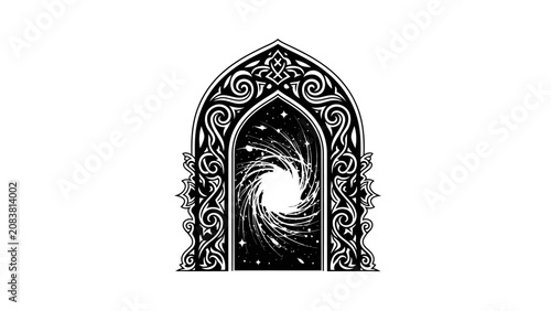 Photos Ornate Gothic Archway Opening into a Cosmic Galaxy Portal