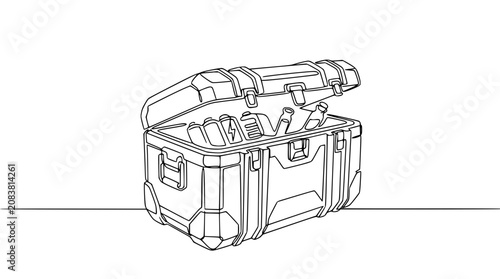 Futuristic Storage Chest with Bottles, Open Container, Line Art Style