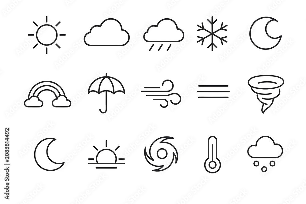 Naklejka premium Weather Icon Set - Climate and Forecast Line Icons Vector