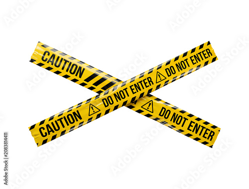 Crime scene caution tape barrier with yellow warning ribbon for police investigation, accident scene security and safety alert, isolated on white background