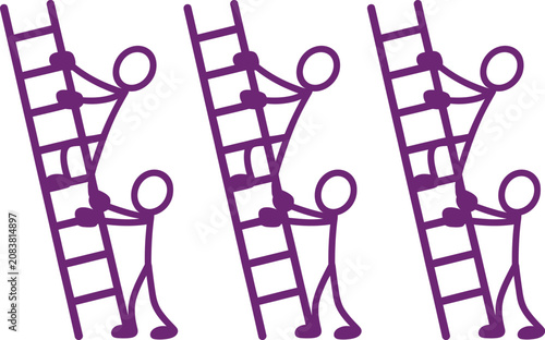 Photos Teamwork, cooperation, partnership, purple stick figures on ladders, business co