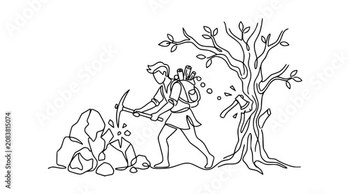 Photos Miner Digging Rocks with Pickaxe, Chopping Tree with Axe, Adventure and Survival