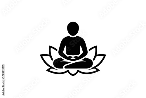 Meditation icon, silhouette of person sitting in lotus pose on a flower