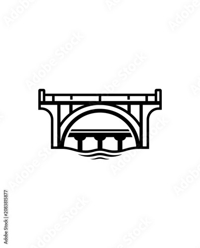Minimalist Arch Bridge Icon Vector Over Water, Outline Drawing