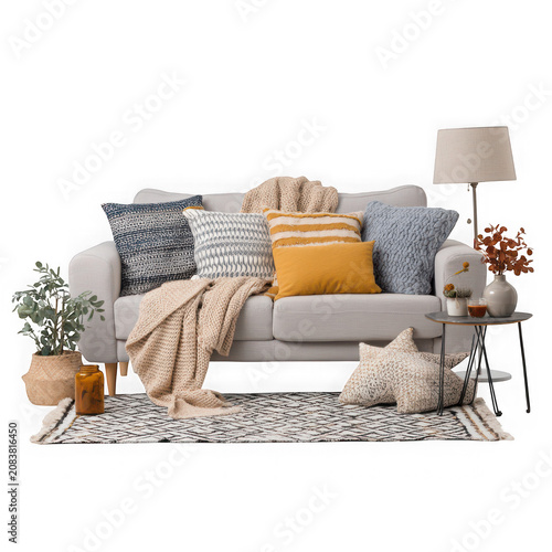 Cozy modern living room with gray sofa and yellow pillows