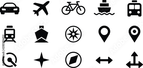 Transportation and navigation icons set, black minimalist travel symbols for maps and logistics, 15 vector elements for web and app design