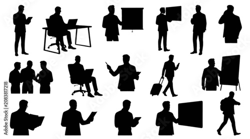 Silhouette people icons showing different office and presentation activities isolated on transparent background, Vector
