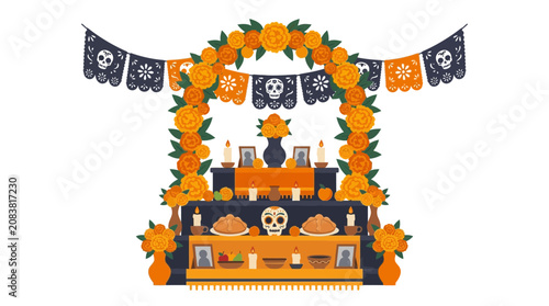 Day of the Dead Altar Celebration with Marigolds and Sugar Skulls