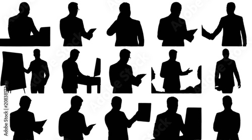 Silhouettes of people in various professional meeting poses isolated on transparent background, Vector