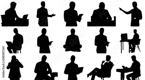 Silhouette people sitting in meeting and working positions isolated on transparent background, Vector