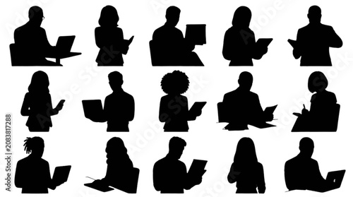 Silhouette people working with laptops in a relaxed office setting isolated on transparent background, Vector