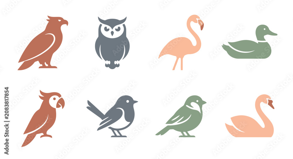 Obraz premium Minimalist bird icons collection featuring owl, eagle, and parrot silhouettes