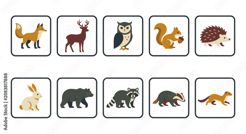 Obraz premium Wild animal vector icons: fox, deer, rabbit, and bear in flat design style for app UI elements.
