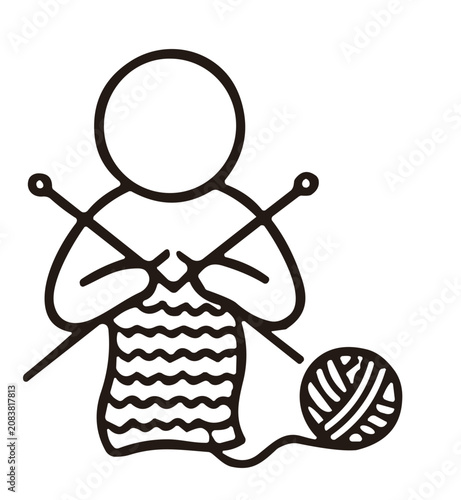 Stick figure person knitting with needles and yarn ball icon
