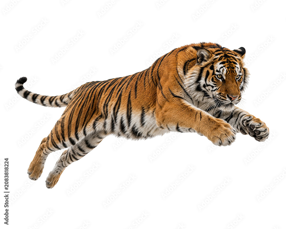 Obraz premium A tiger jumps forward quickly in a natural landscape environment.