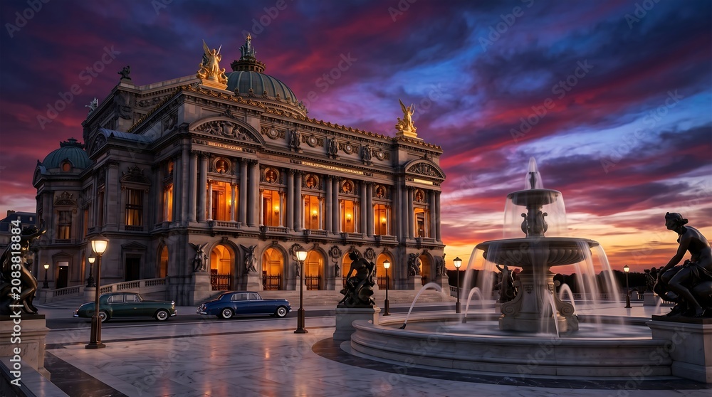 Naklejka premium Grand Opera House and Fountain at Sunset with Vintage Cars