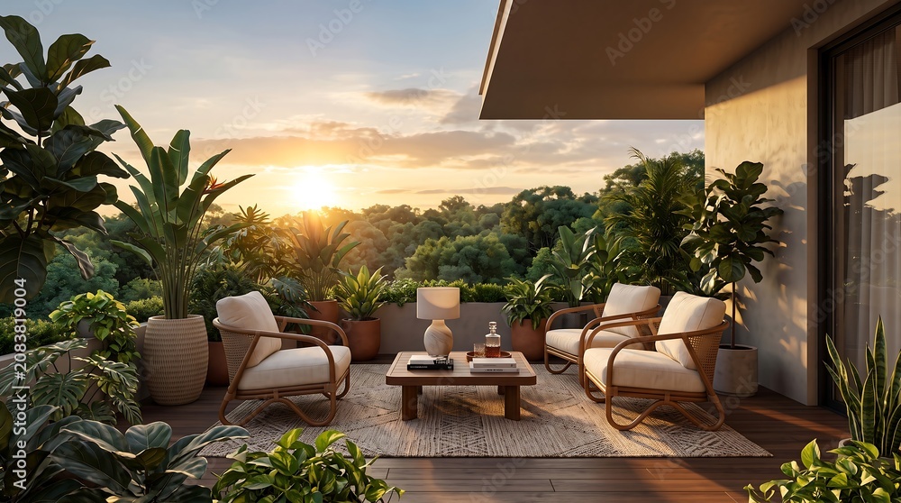 Fototapeta premium Modern Balcony with Cozy Chairs and Tropical Plants at Sunset
