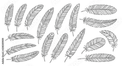 Extensive set of diverse feather illustrations decorated with detailed geometric and tribal patterns in black ink on white.