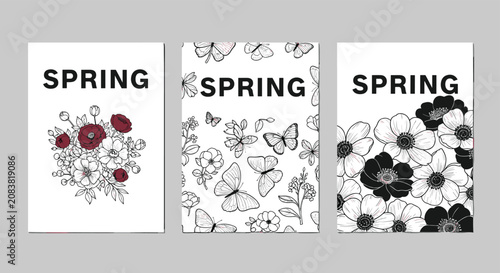 Collection of three spring greeting cards featuring black and white floral sketches with red poppy accents and delicate butterflies.