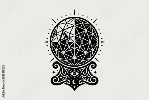 Fotografie Mystical Crystal Ball Icon with Occult Symbols and Geometric Patterns