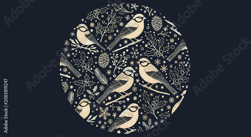 Beautiful circular composition featuring illustrations of small birds, pine cones, holly leaves, and snowflakes on a dark navy background.