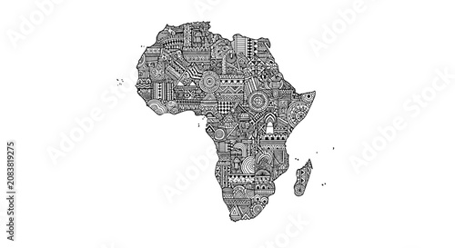 Detailed map of the african continent entirely composed of intricate traditional ethnic and geometric tribal patterns in black and white.