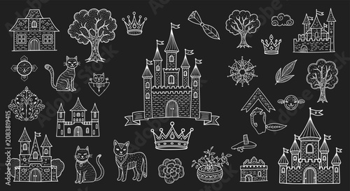 Chalkboard style fairy tale doodles featuring majestic castles, crowns, playful cats, and magical trees on a dark textured background.
