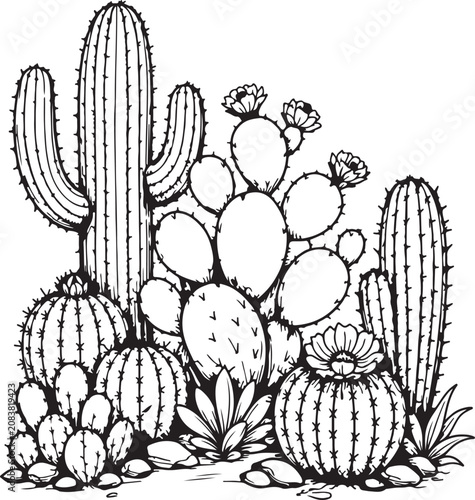 Cacti and Succulents Desert Scene Pen and Ink Illustration