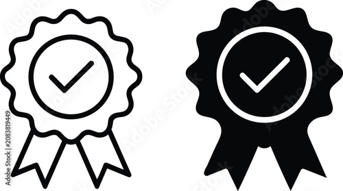 Assurance badge rosette with a checkmark, solid and outline styles, black and white, isolated on a white background
