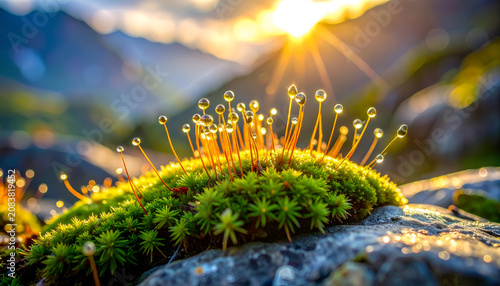 Macro View of Dew Drops on Moss with Golden Sunrise in Mountains.