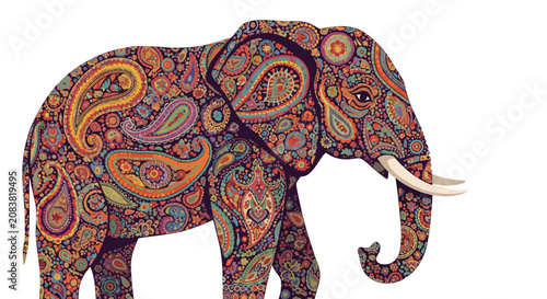 Vibrant elephant silhouette intricately filled with colorful paisley and floral patterns stands out against a clean white background.