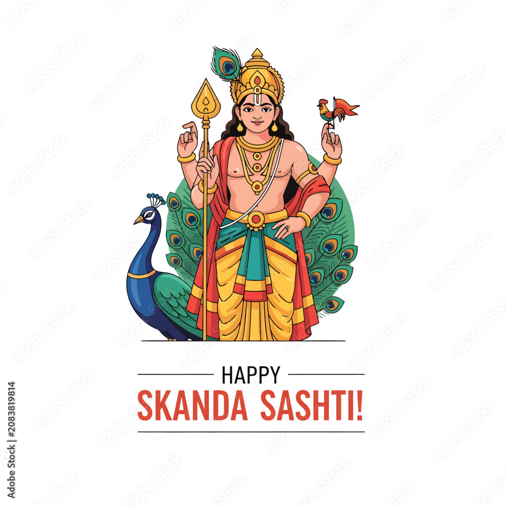 Naklejka premium Hindu Lord Murugan celebrates Skanda Sashti with peacock and flames