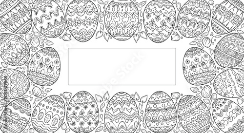Intricate coloring page border for adults featuring a variety of highly decorated Easter eggs and delicate leaves in a black line style.