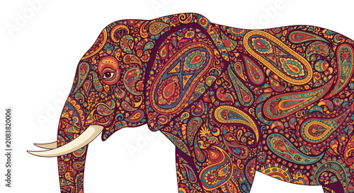 Profile view of a majestic elephant filled with a rich and colorful paisley pattern in deep reds, yellows, and purples on a white ground.