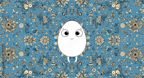 Whimsical white egg character with large curious eyes standing against a complex vintage blue floral and bird pattern background.