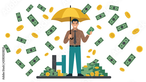 Canvas-taulu Happy businessman under yellow umbrella protecting himself from falling money and coins now