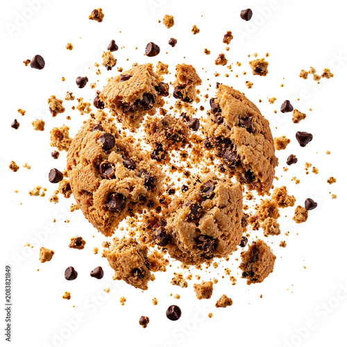 A delicious chocolate chip cookie crumbles on a white surface with chocolate chips scattered around.