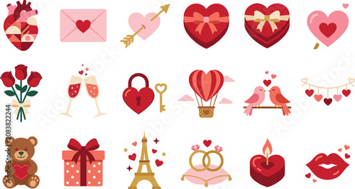 Photos Valentines day love vector icon set with flat romantic heart gift rose and weddi