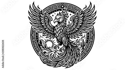 Phoenix Bird Rises from Desert Landscape, Tribal Tattoo Art Style