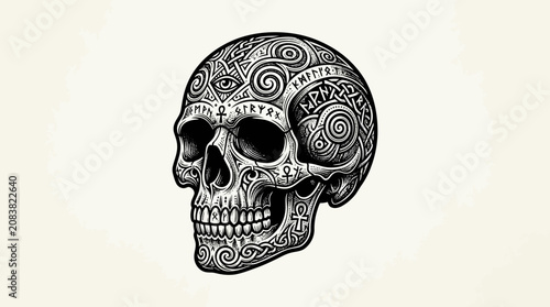 Ornate Viking Skull with Runes and Ancient Symbols