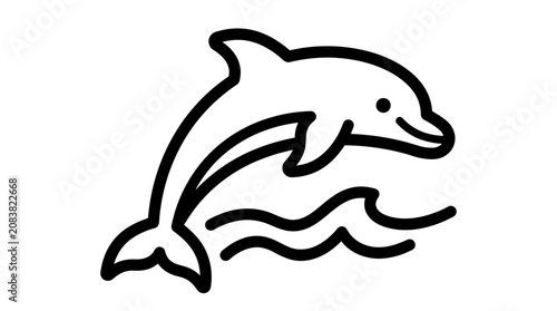 Playful Dolphin Jumping Over Waves, Simple Line Art Icon